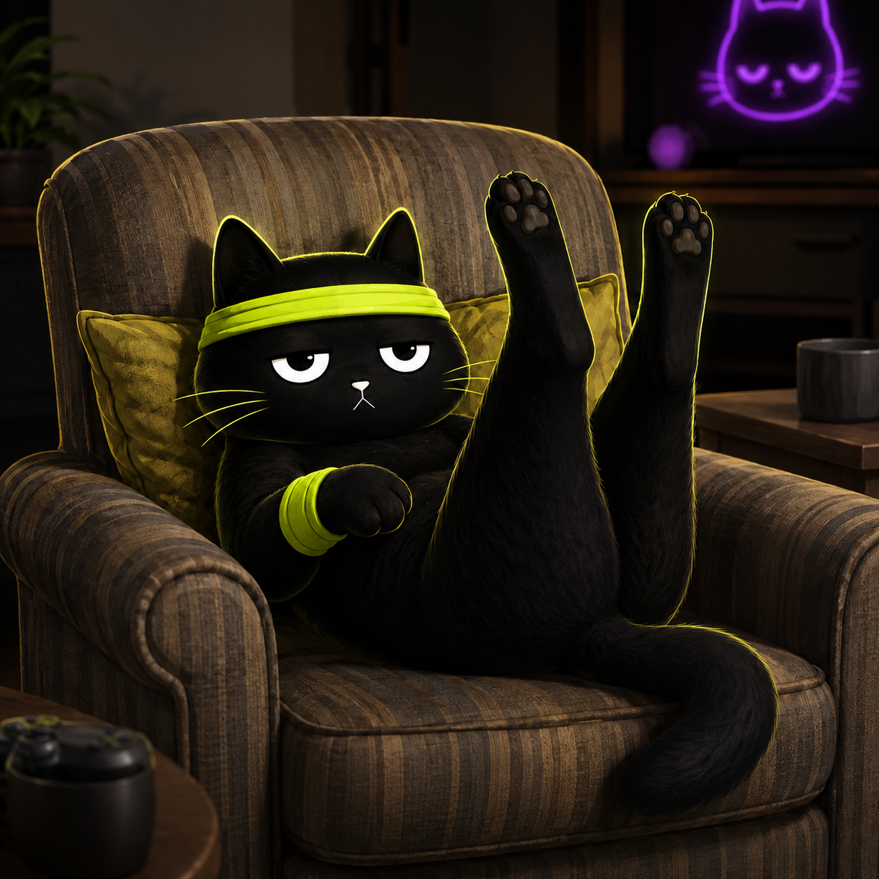 Nekko relaxing in a chair with neon misplay.fun energy